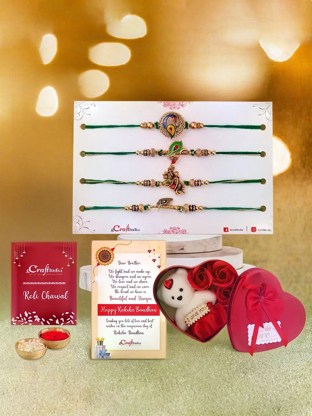 

eCraftIndia Set of 5 Designer Rakhis With Heart Shaped Gift Box & Roli Chawal, Gold