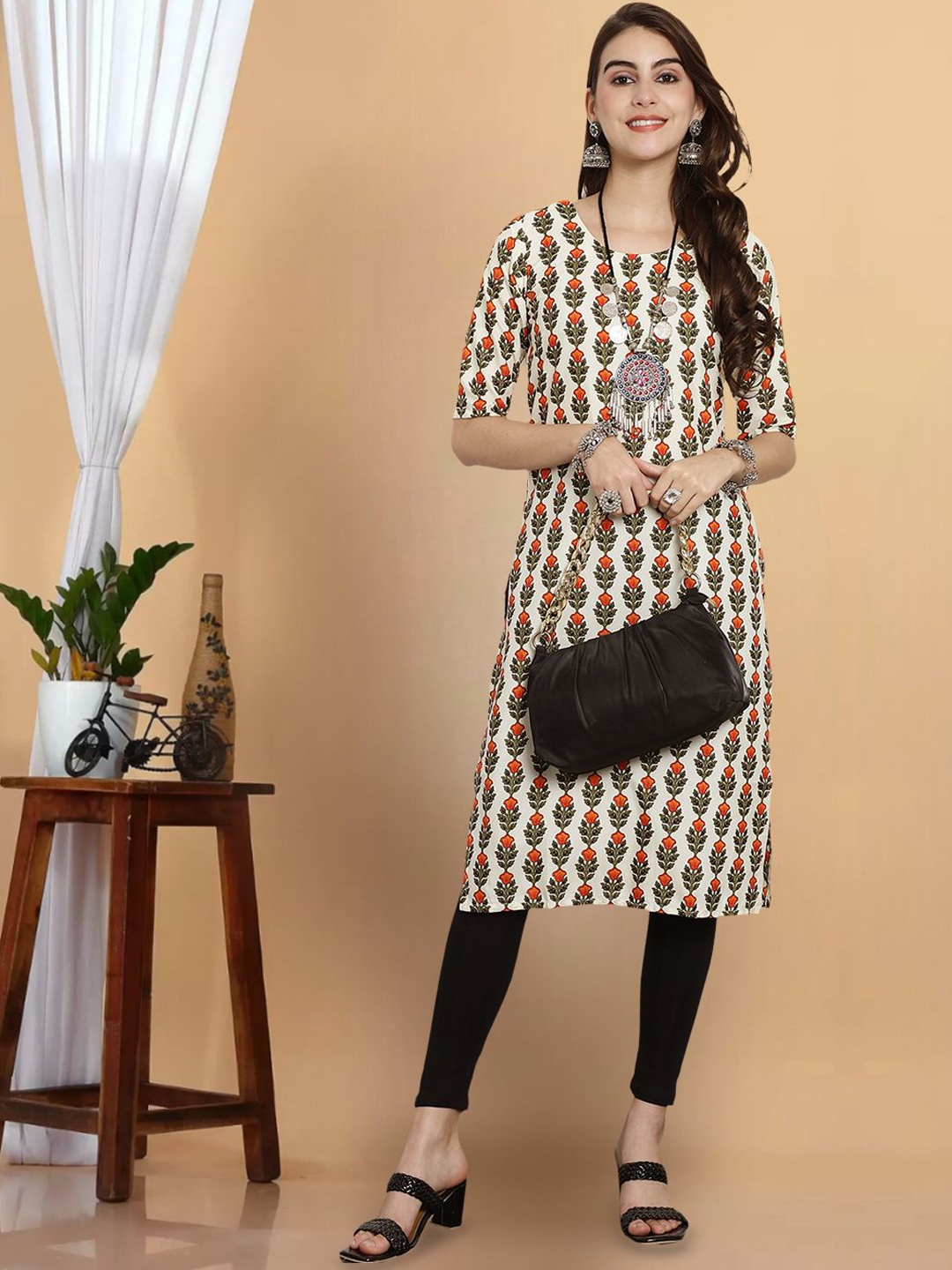 

KALINI Floral Printed Round Neck Straight Kurta, Beige