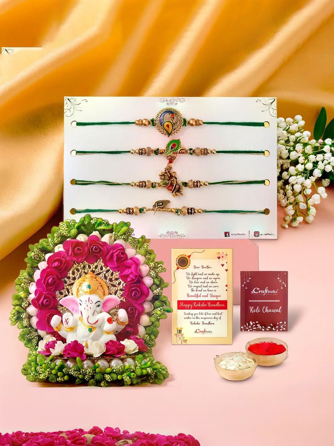 

eCraftIndia Set of 5 Designer Rakhis With Lord Ganesha Idol Floral Plate, Gold