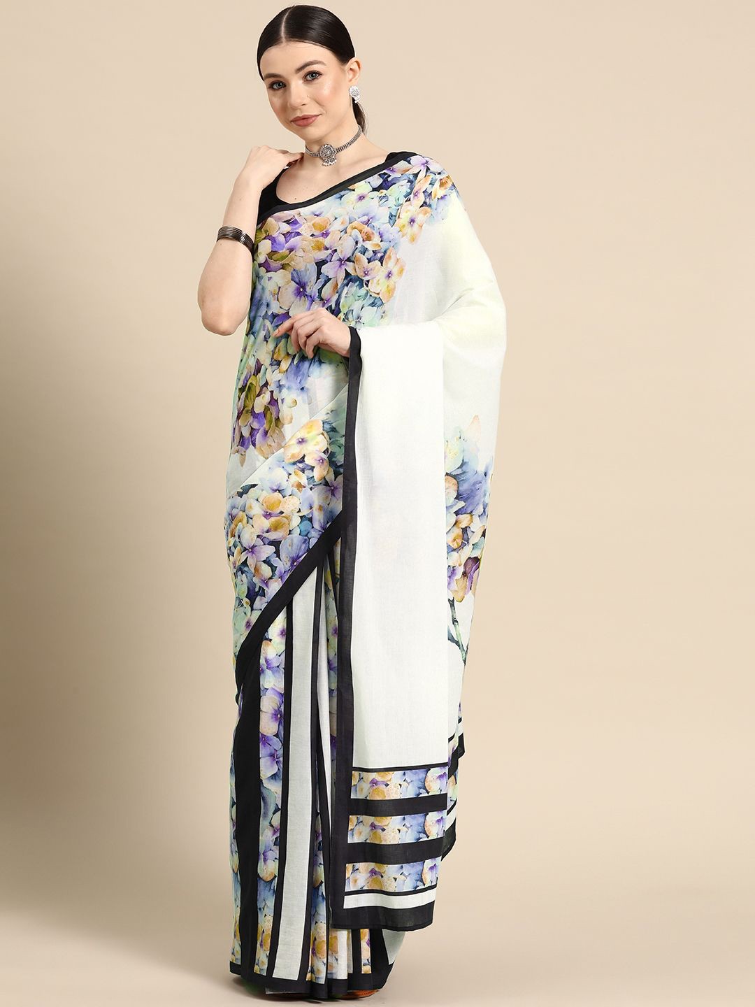 

BUTA BUTI Floral Pure Cotton Saree, Off white
