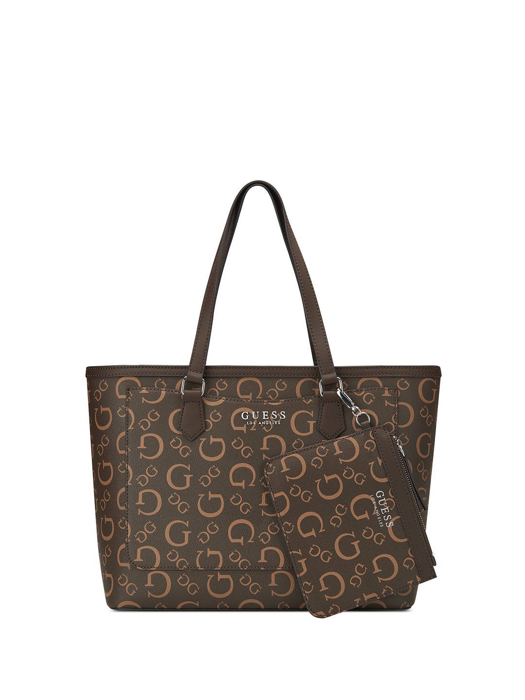 

GUESS Printed Structured Tote Bag with Cut Work, Brown