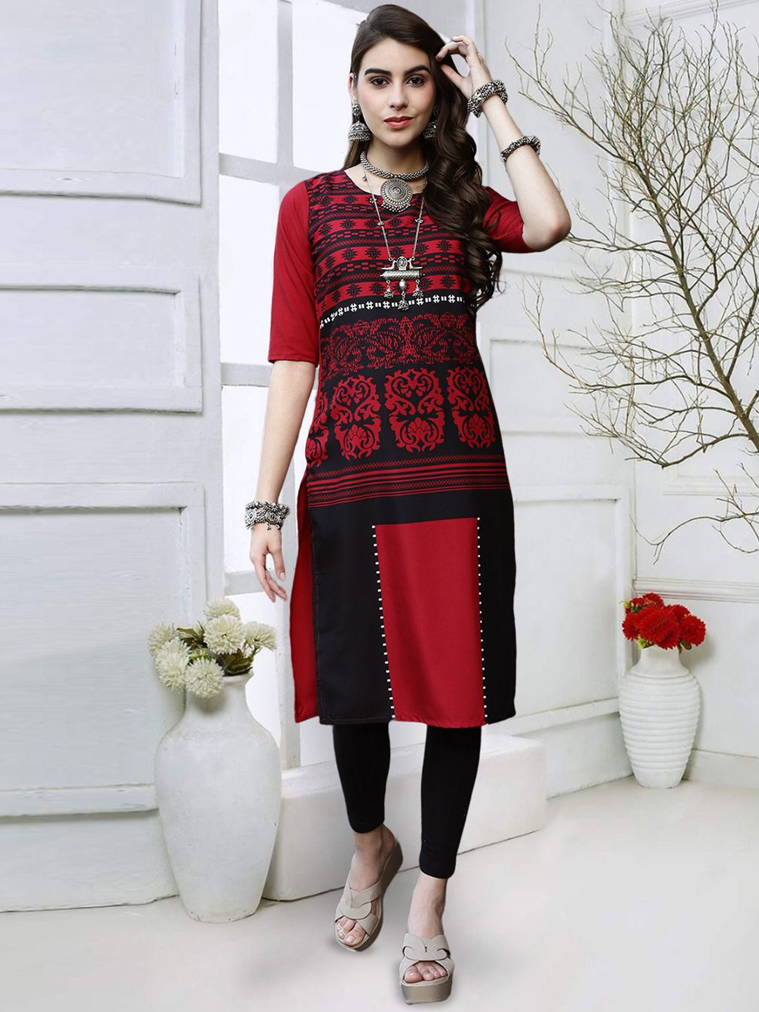 

7Threads Ethnic Motifs Printed Round Neck Straight Kurta, Black