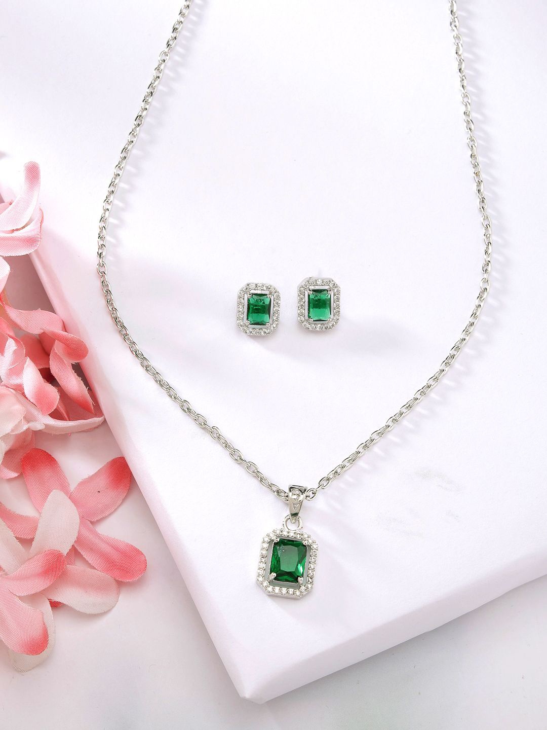 

ZENEME Rhodium-Plated AD Stone-Studded Luxe Sparkle Princess Cut Necklace and Earrings, Silver
