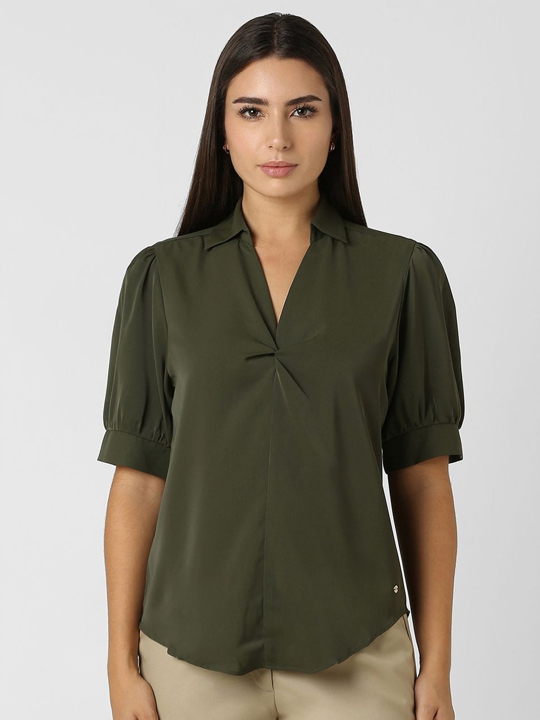 

Van Heusen Women Solid Shirt Collar Top, Olive