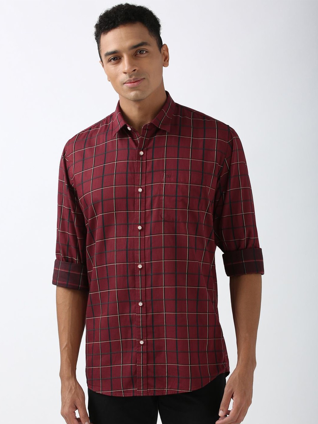 

Peter England Men Spread Collar Tartan Checked Cotton Slim Fit Casual Shirt, Maroon