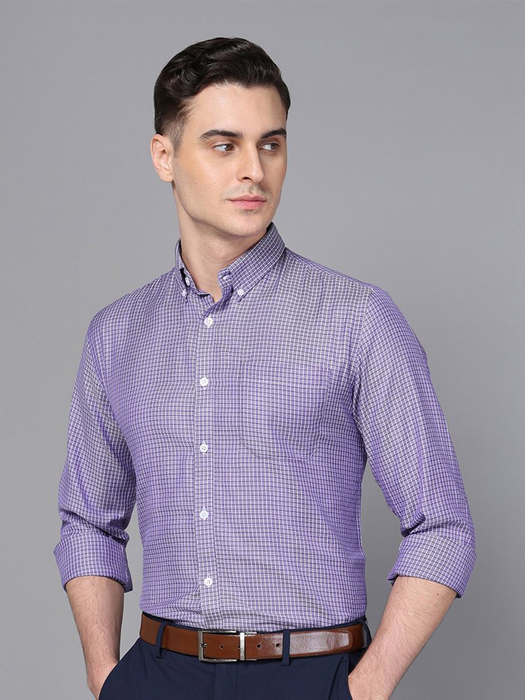 

DON VINO Men Button-Down Collar Micro Checked Cotton Linen Slim Fit Formal Shirt, Purple