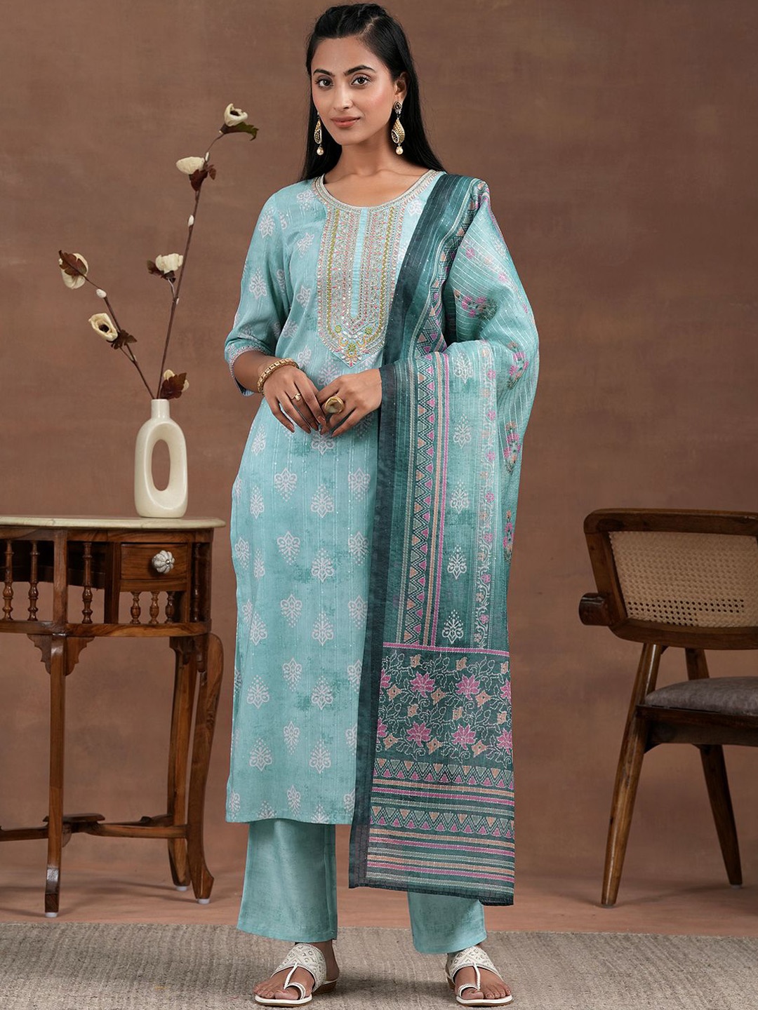 

Libas Ethnic Motifs Printed Sequinned Straight Kurta With Trousers & Dupatta, Blue