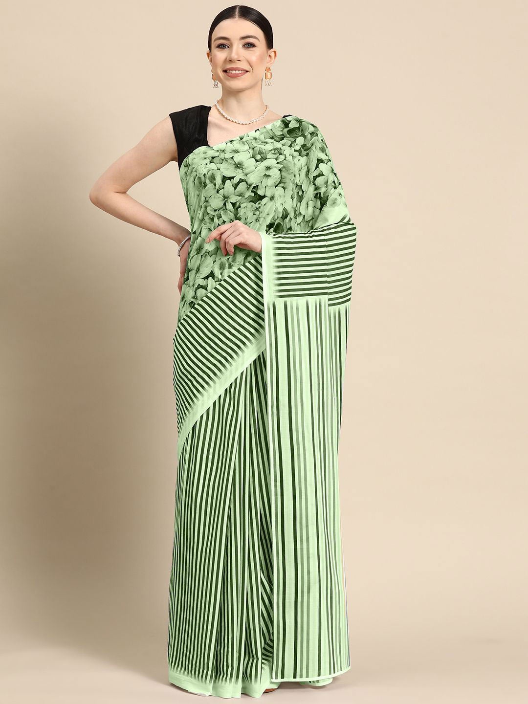 

BUTA BUTI Floral Printed Pure Cotton Saree, Green