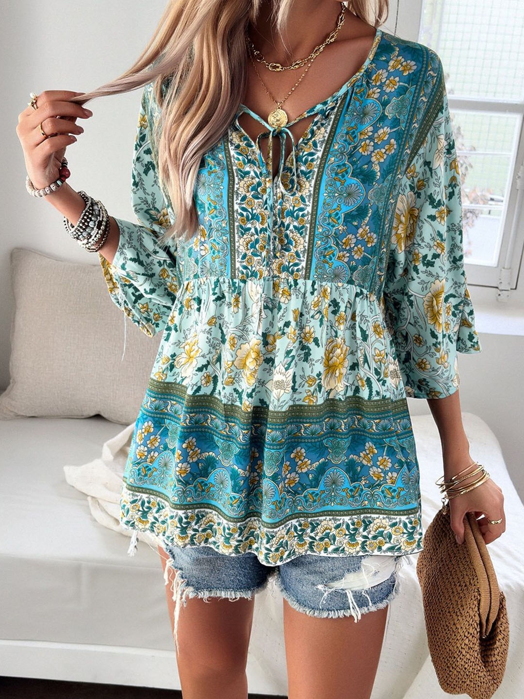 

HERE&NOW Women Floral Printed Tie-Up Neck Top, Blue