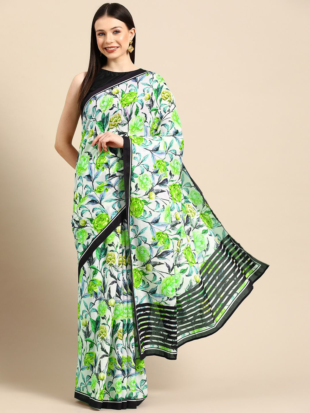 

BUTA BUTI Floral Printed Pure Cotton Saree, Green