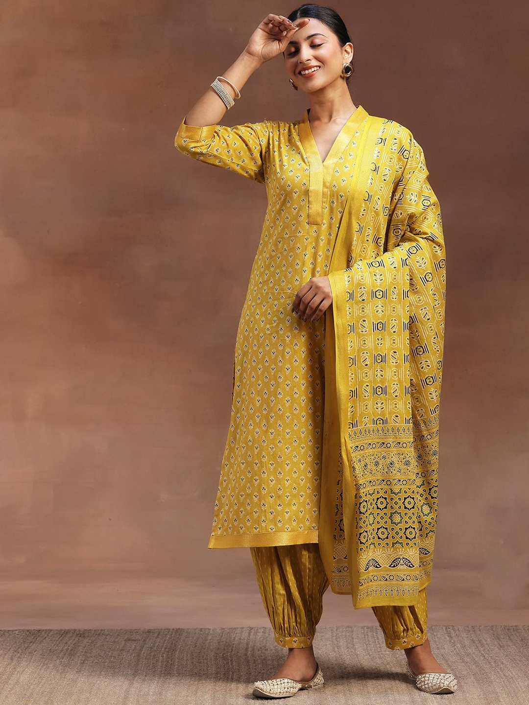 

Libas Ethnic Motifs Printed Regular Pure Cotton Straight Kurta with Salwar & Dupatta, Mustard