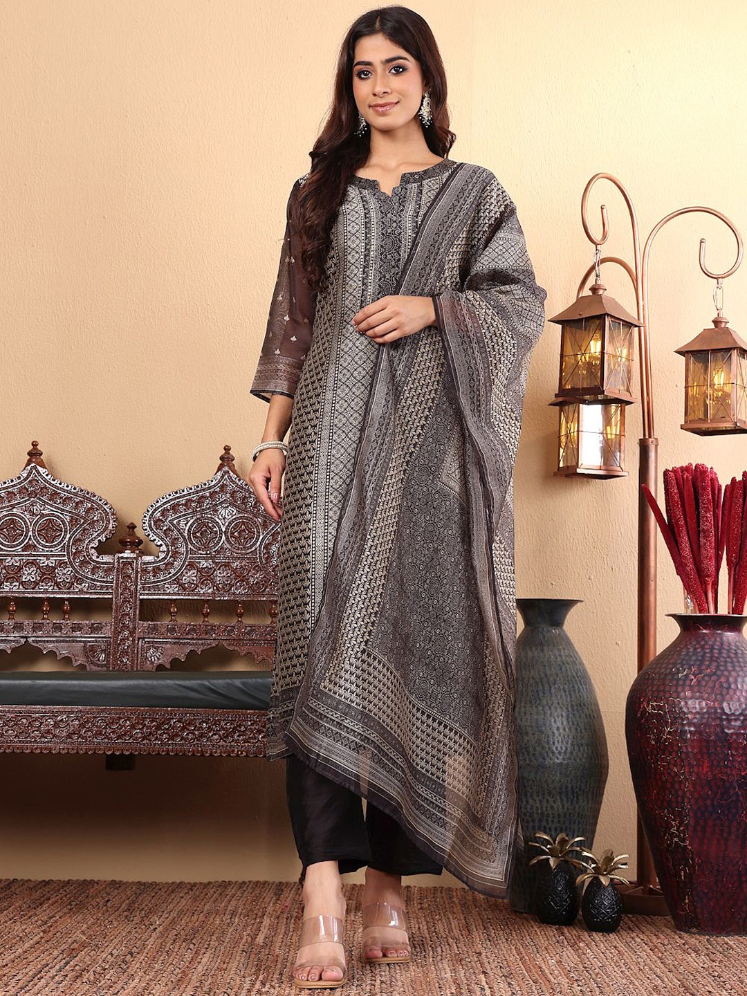 

Varanga Ethnic motifs Printed Chanderi Silk Straight Kurta with Trousers & Dupatta, Black