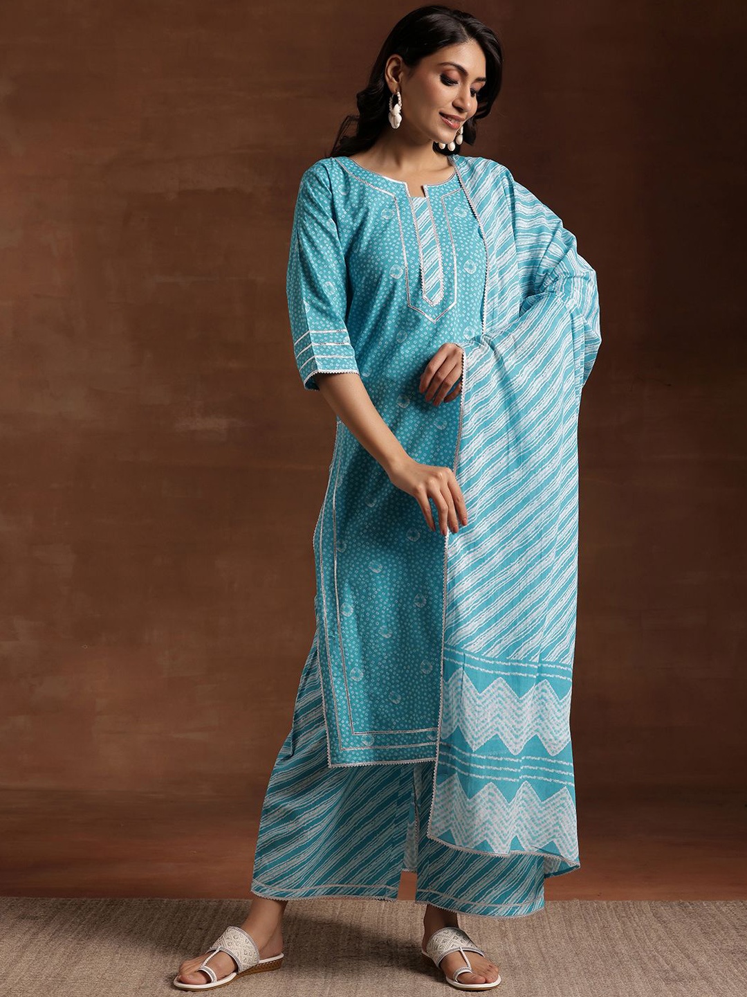 

Libas Bandhani Printed Empire Pure Cotton Kurta with Palazzos & Dupatta, Blue