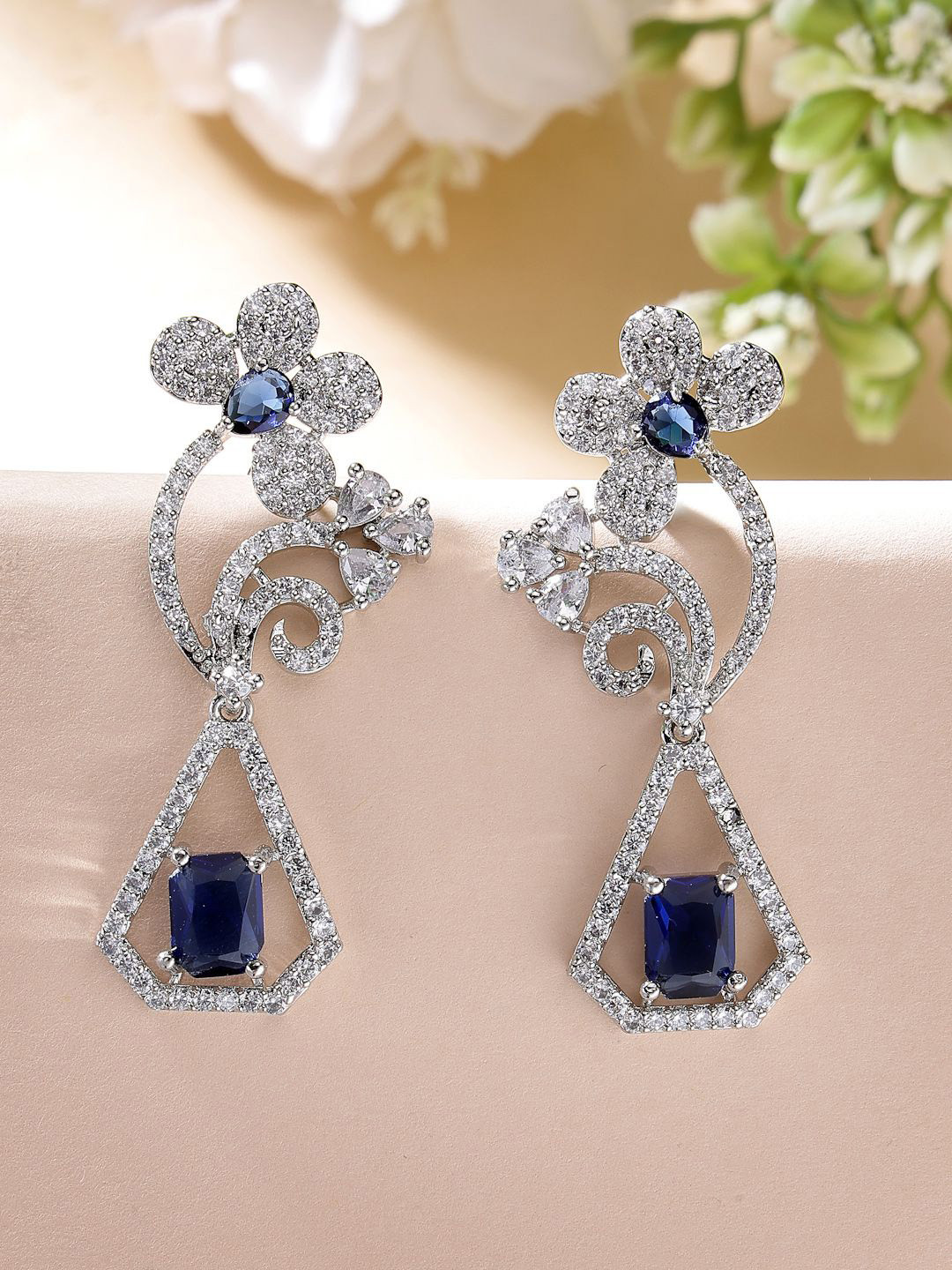 

ZENEME Rhodium Plated Floral American Diamond Studded Drop Earrings, Blue
