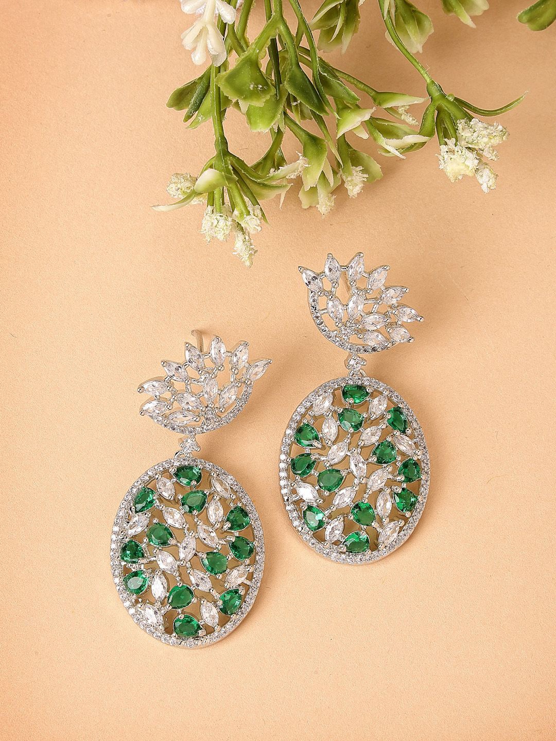 

ZENEME Rhodium Plated American Diamond Studded Floral Shaped Drop Earrings, Green