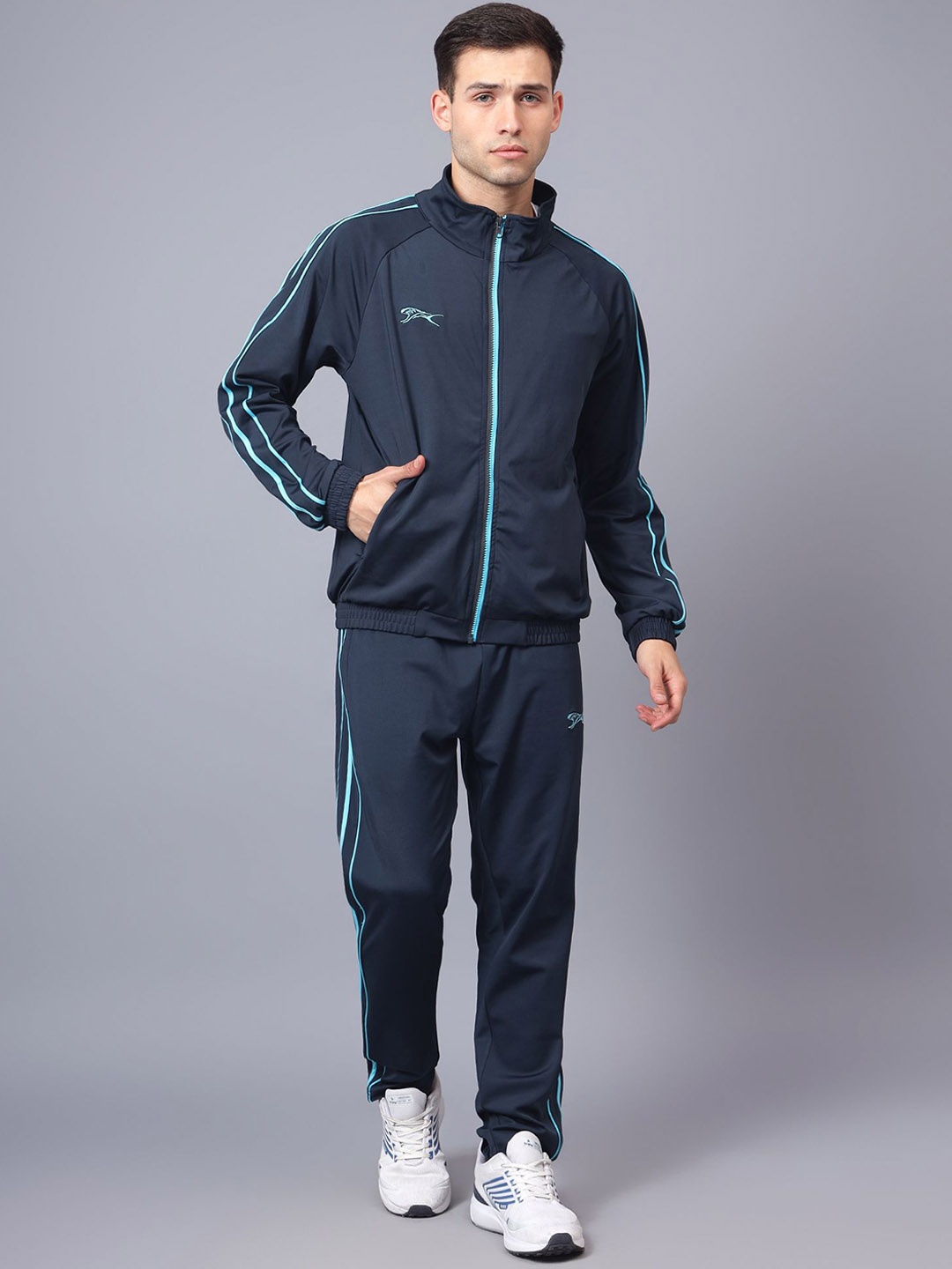 

Shiv Naresh Men Striped Mock Collar Tracksuits, Navy blue