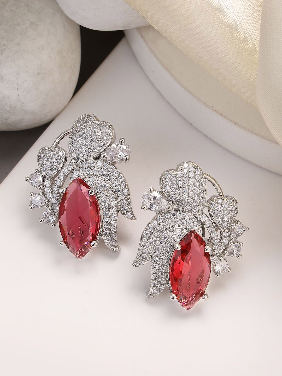 

ZENEME Rhodium Plated Contemporary American Diamond Studs Earrings, Red