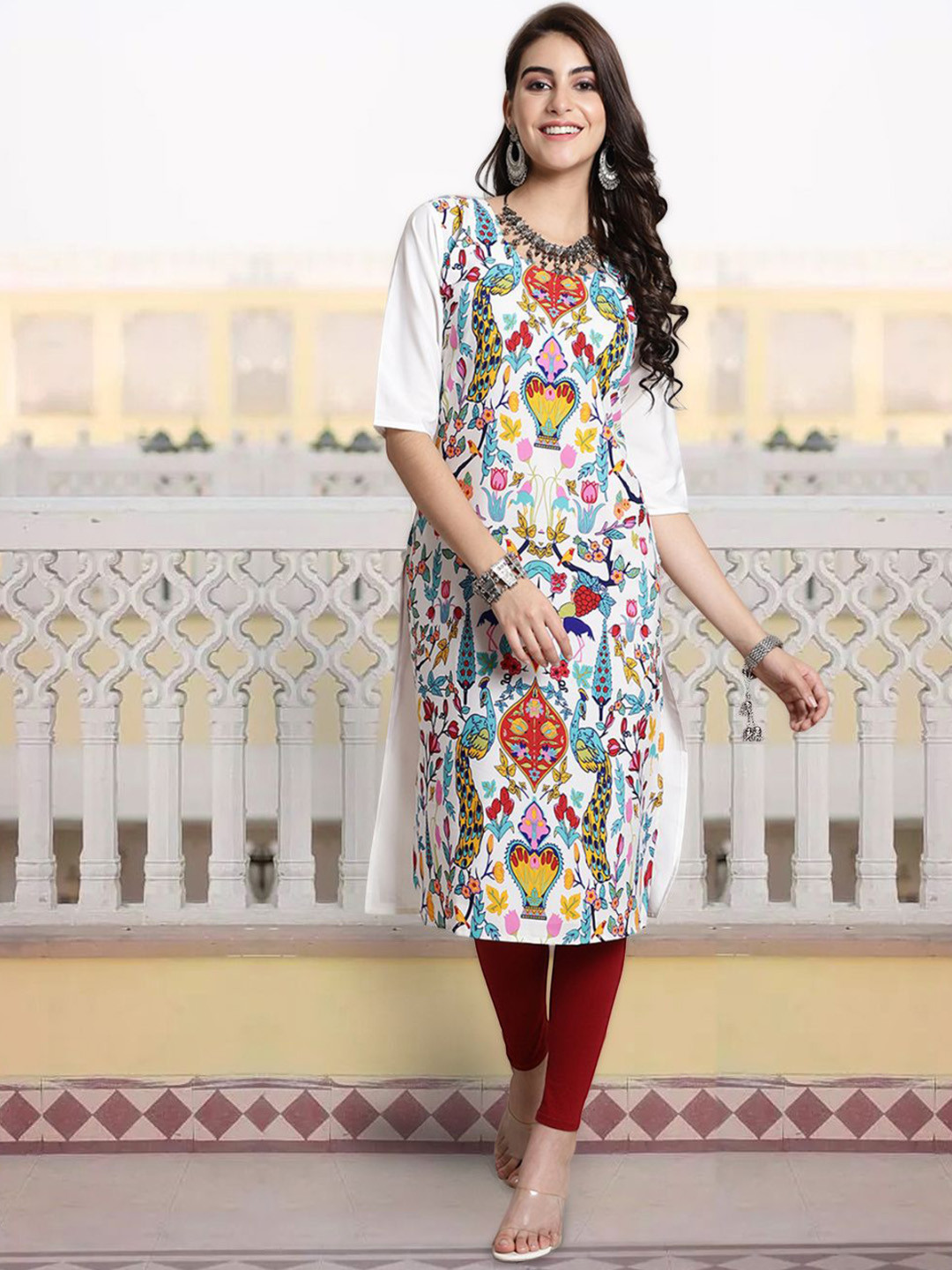 

7Threads Ethnic Motifs Printed Round Neck Straight Kurta, White