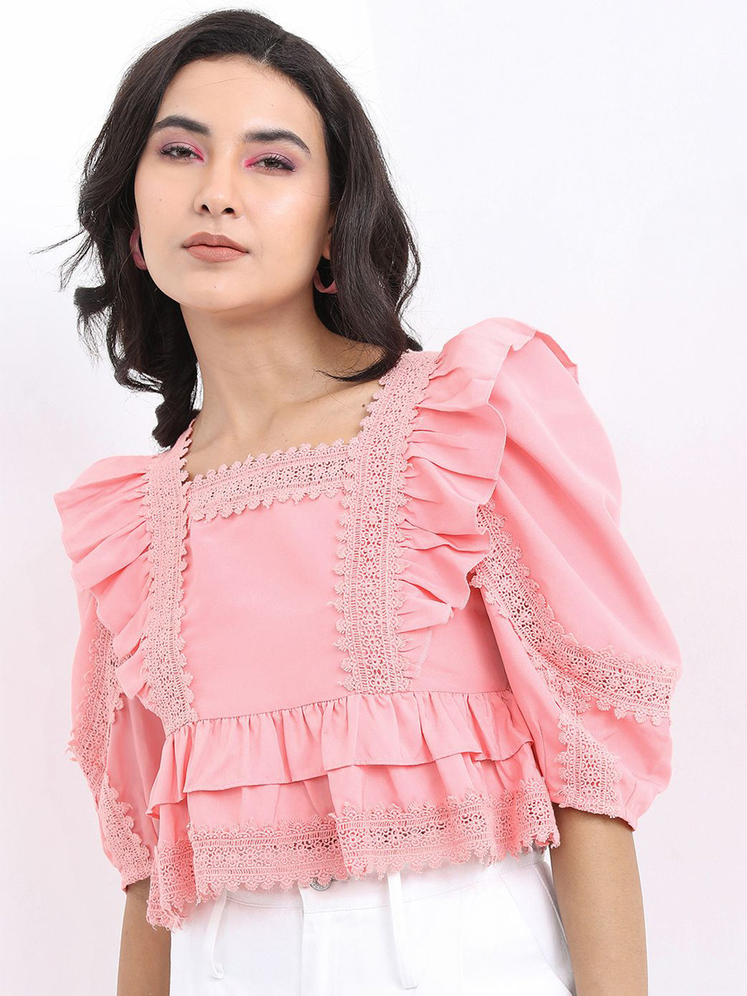 

Tokyo Talkies Flutter Sleeve Boxy Crop Top, Pink