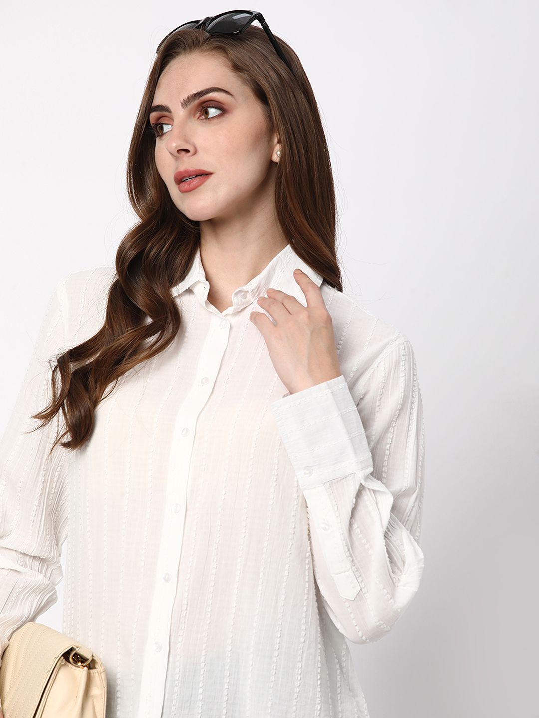 

R&B Women Solid Shirt Collar Cotton Top, White