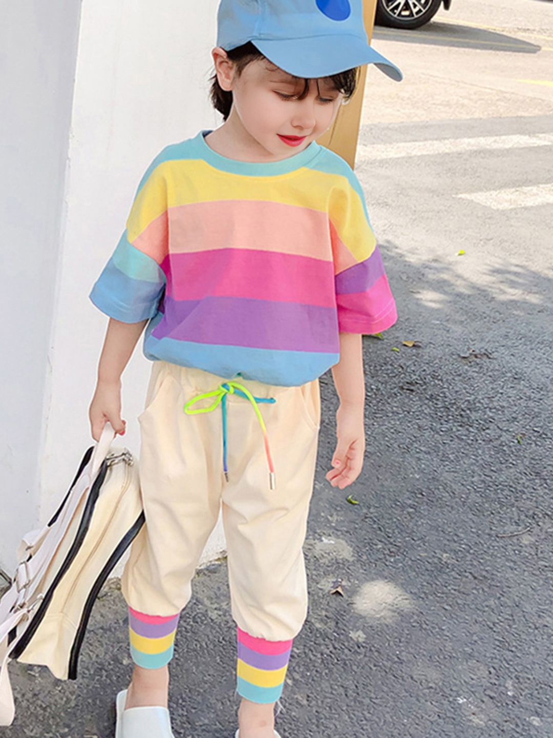 

INCLUD Girls Striped Printed Round Neck T-shirt with Trousers, Blue