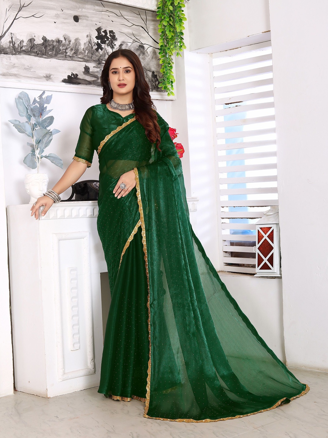 

DHARMEE Embellished Beads and Stones Saree, Green