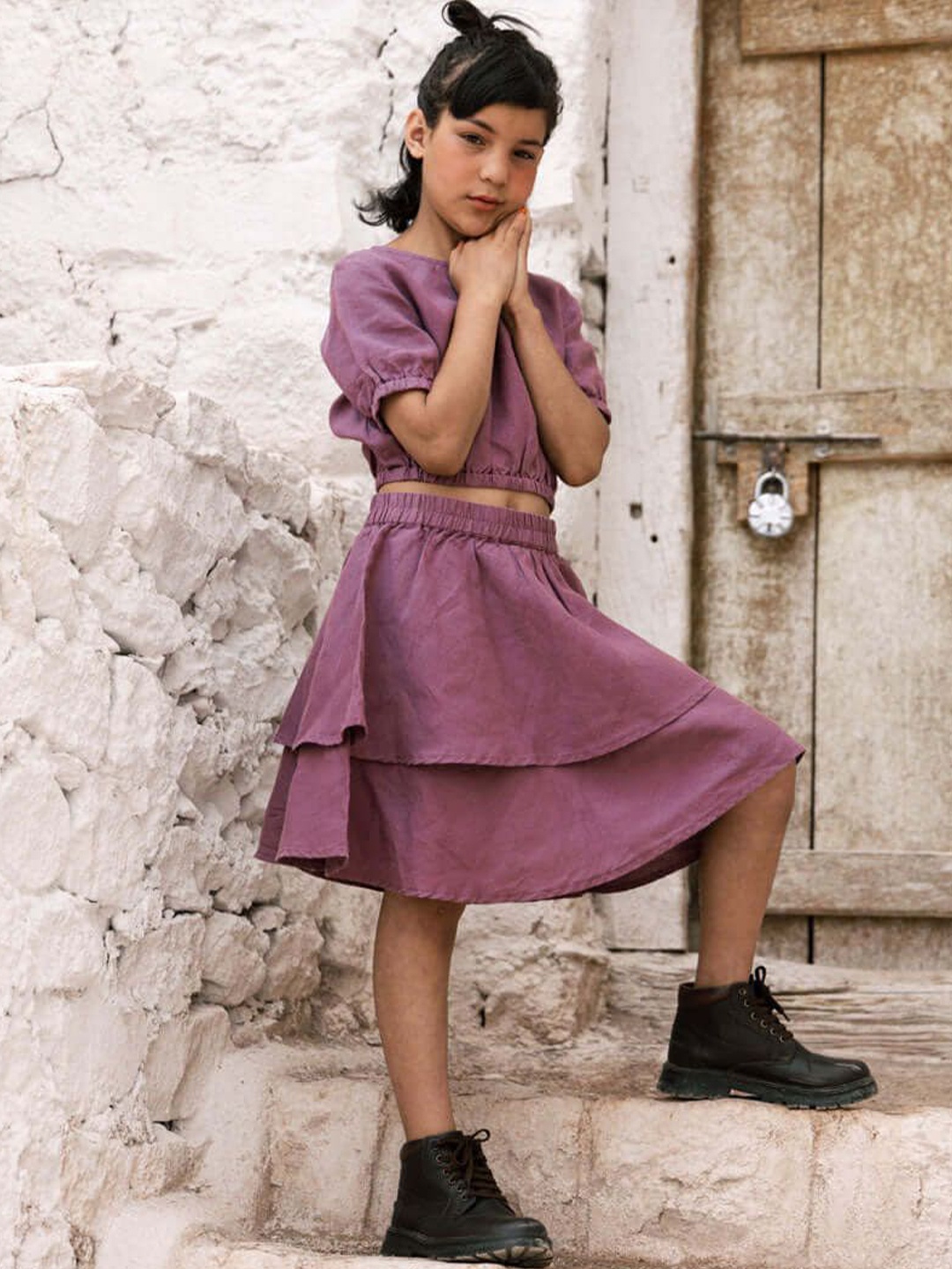 

CHI LINEN CLOTHING Girls Round Neck Linen Top with Skirt, Purple