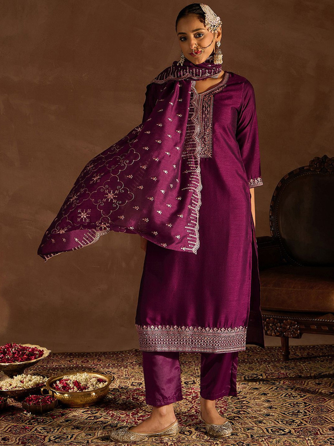 

Indo Era Ethnic Motifs Embroidered Sequinned Straight Kurta With Trousers & Dupatta, Burgundy