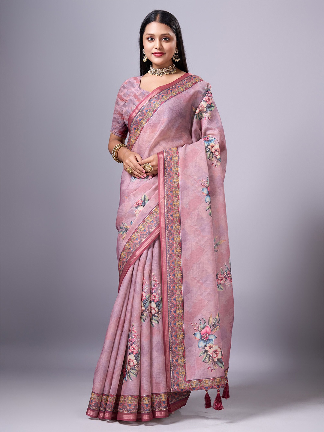 

Sanwariya Silk Floral Organza Block Print Saree, Pink