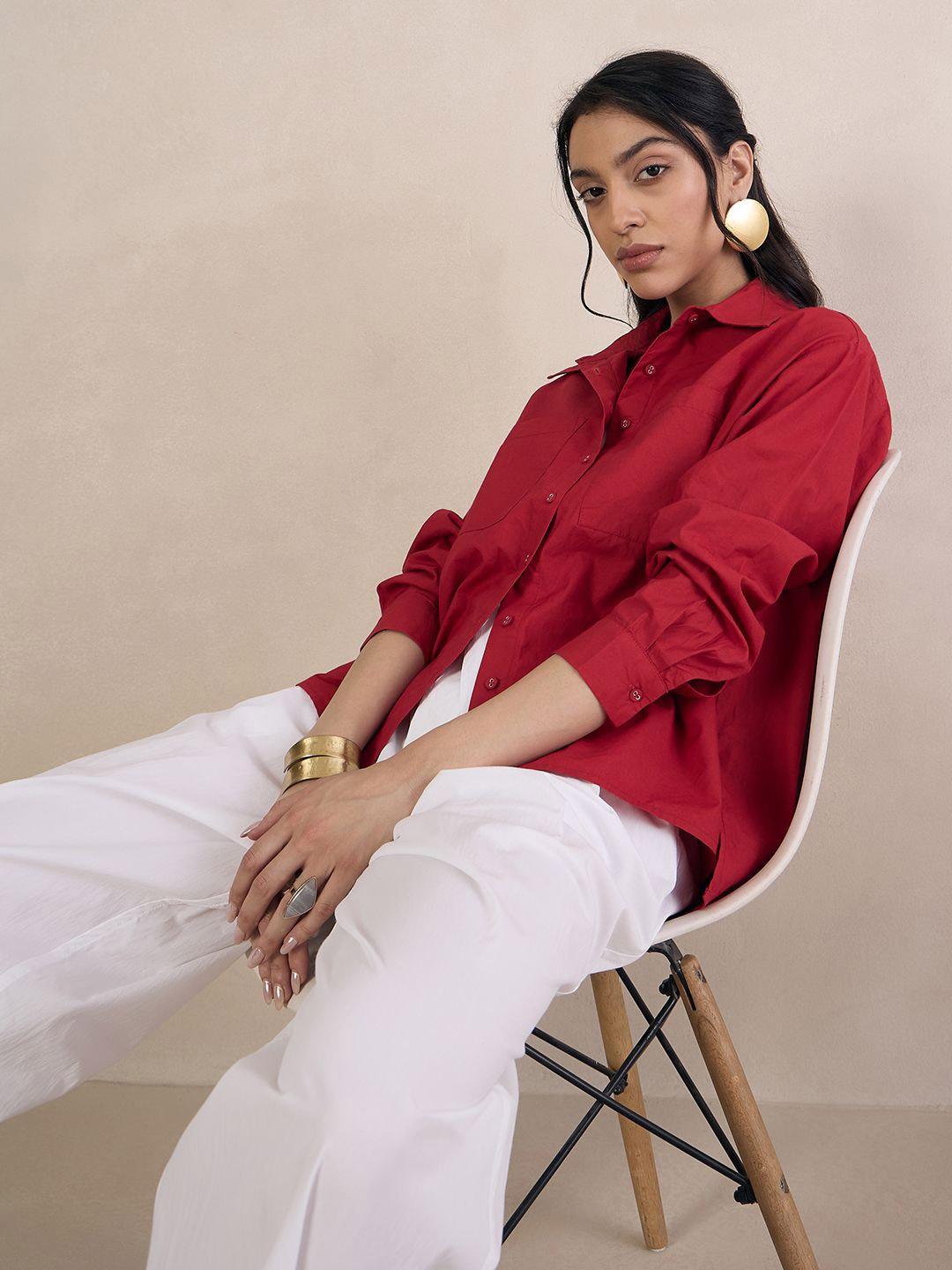 

FEMMELLA Women Comfort Spread Collar Solid Cotton Casual Shirt, Red