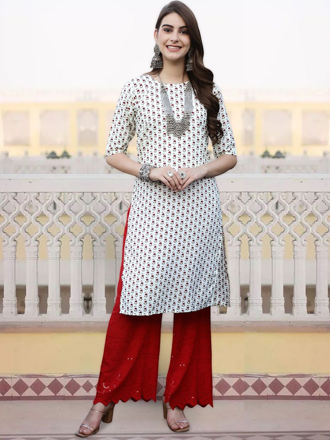 

7Threads Ethnic Motifs Printed Round Neck Straight Kurta, White