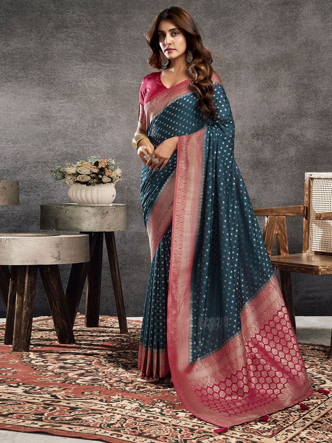 

Satrani Woven Design Zari Pure Georgette Banarasi Saree, Blue