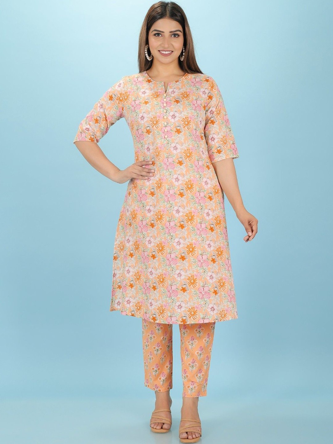 

Aramya Orange Cotton Floral A-line Kurta