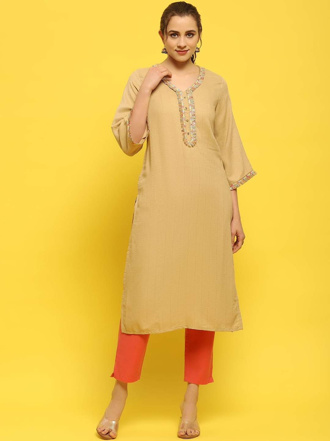 

Shree V Neck Straight Kurta, Beige