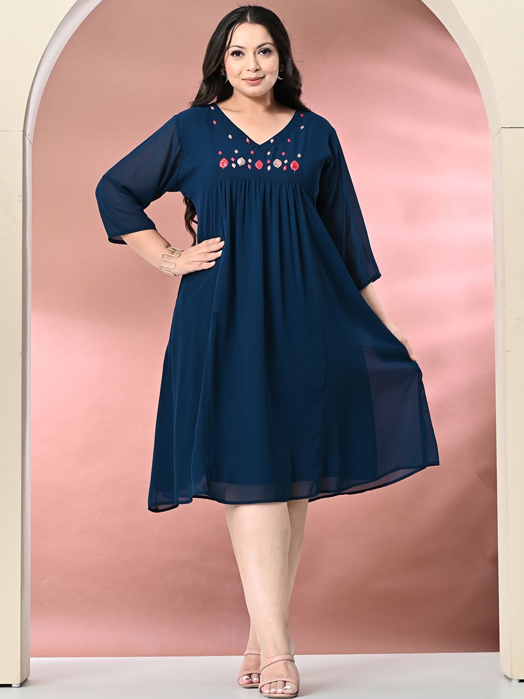 

PrettyPlus by Desinoor.com Plus Size Embellished Georgette A-Line Dress, Teal