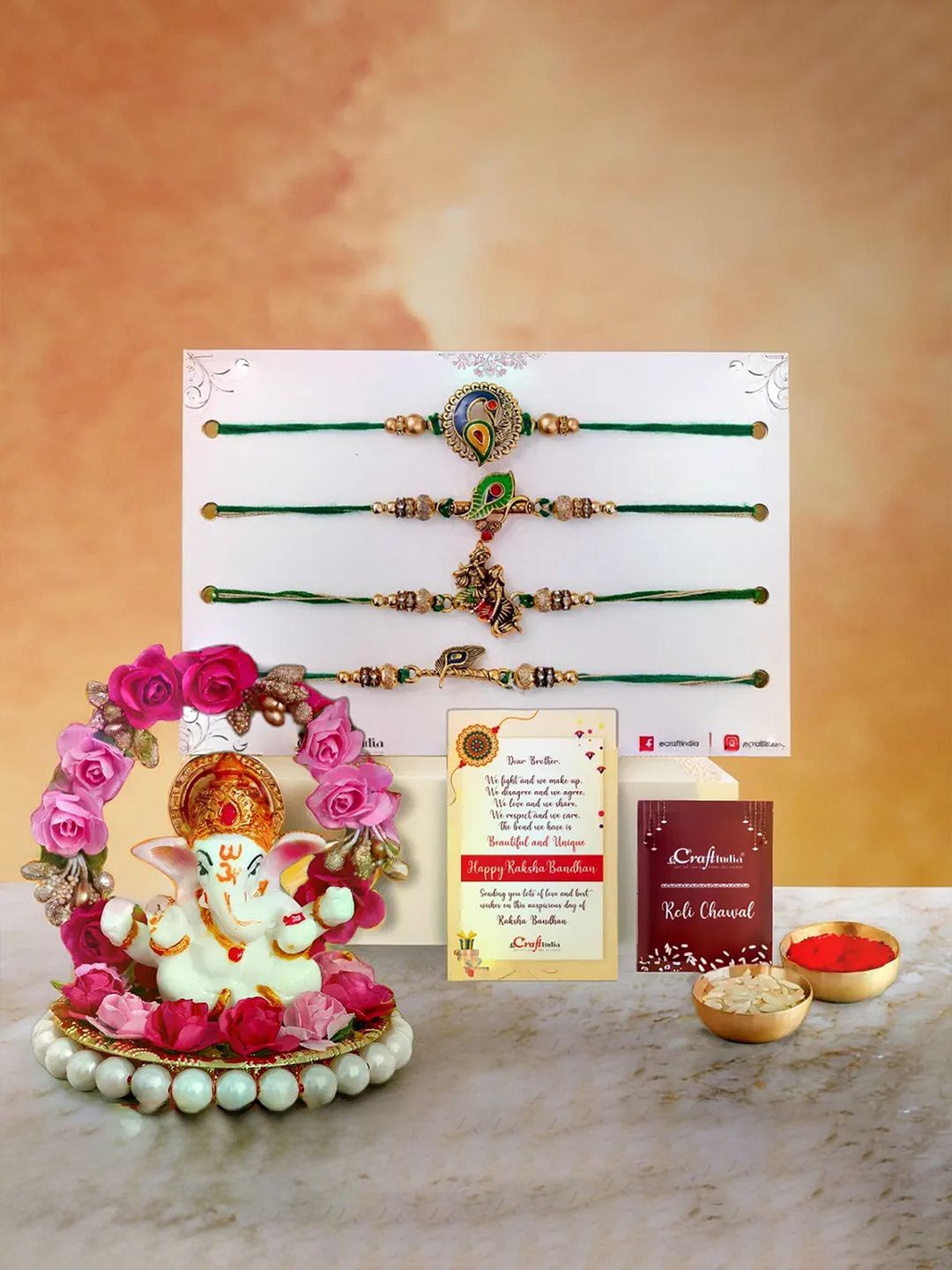

eCraftIndia Set of 5 Designer Rakhis With Lord Ganesha Idol Gift Set, Gold