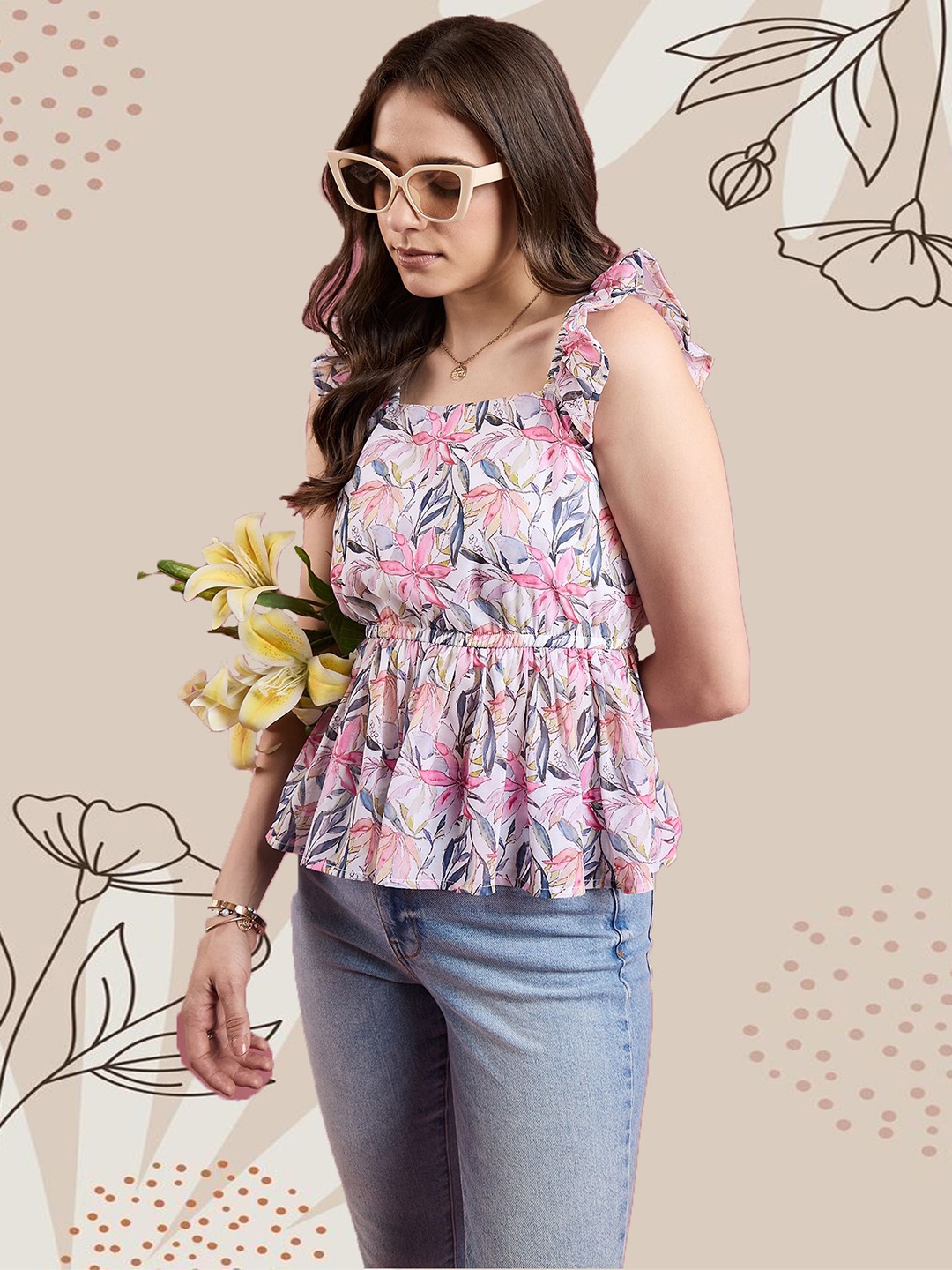 

Deewa Women Floral Printed Square Neck Top, Cream