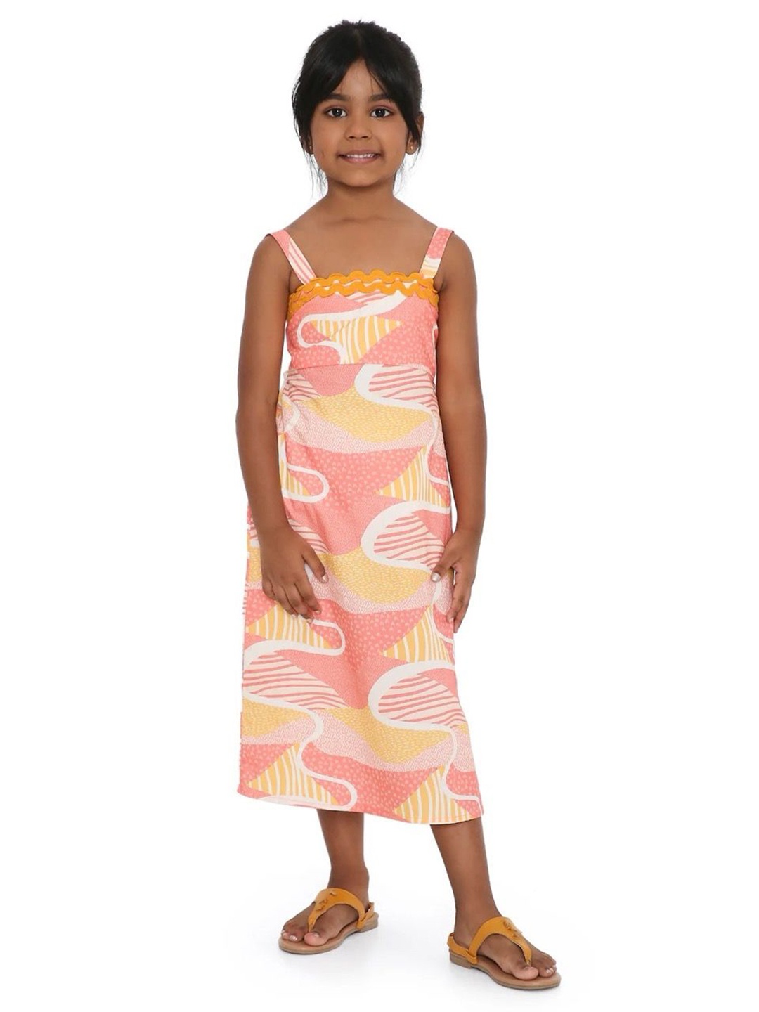 

Miko Lolo Girls Printed Organic Cotton Shoulder Straps Maxi Dress, Pink