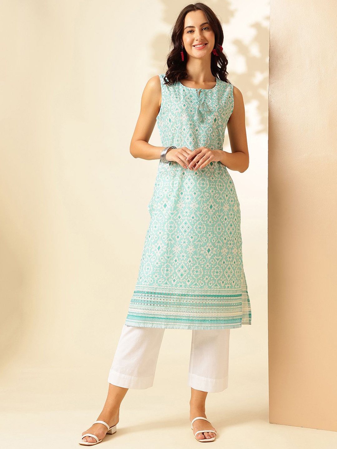 

Anouk Rustic Ethnic Motifs Printed Tie-Up Neck Pure Cotton Straight Kurta, Sea green