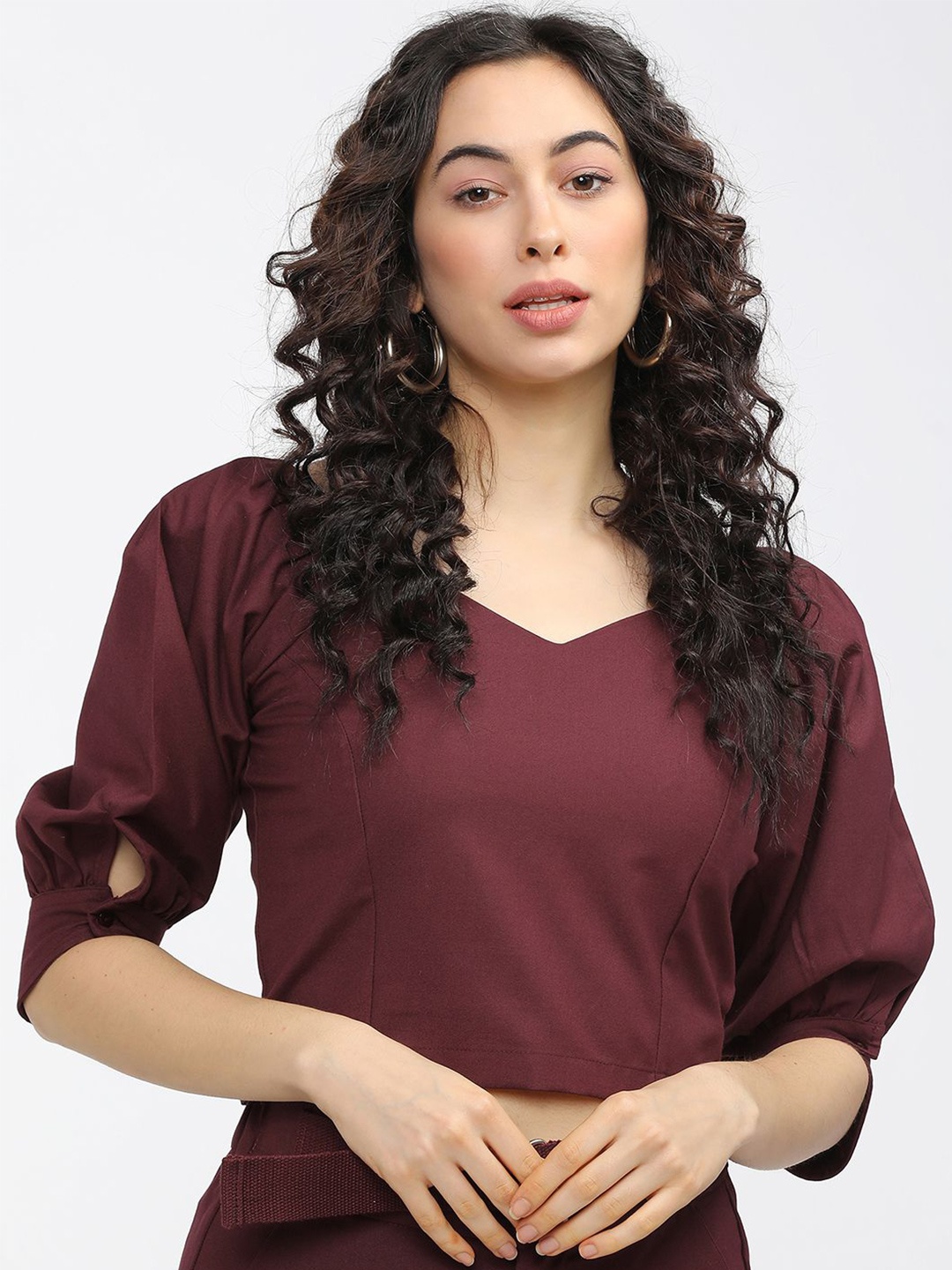 

Tokyo Talkies Women Solid Smoked V-Neck Top, Burgundy