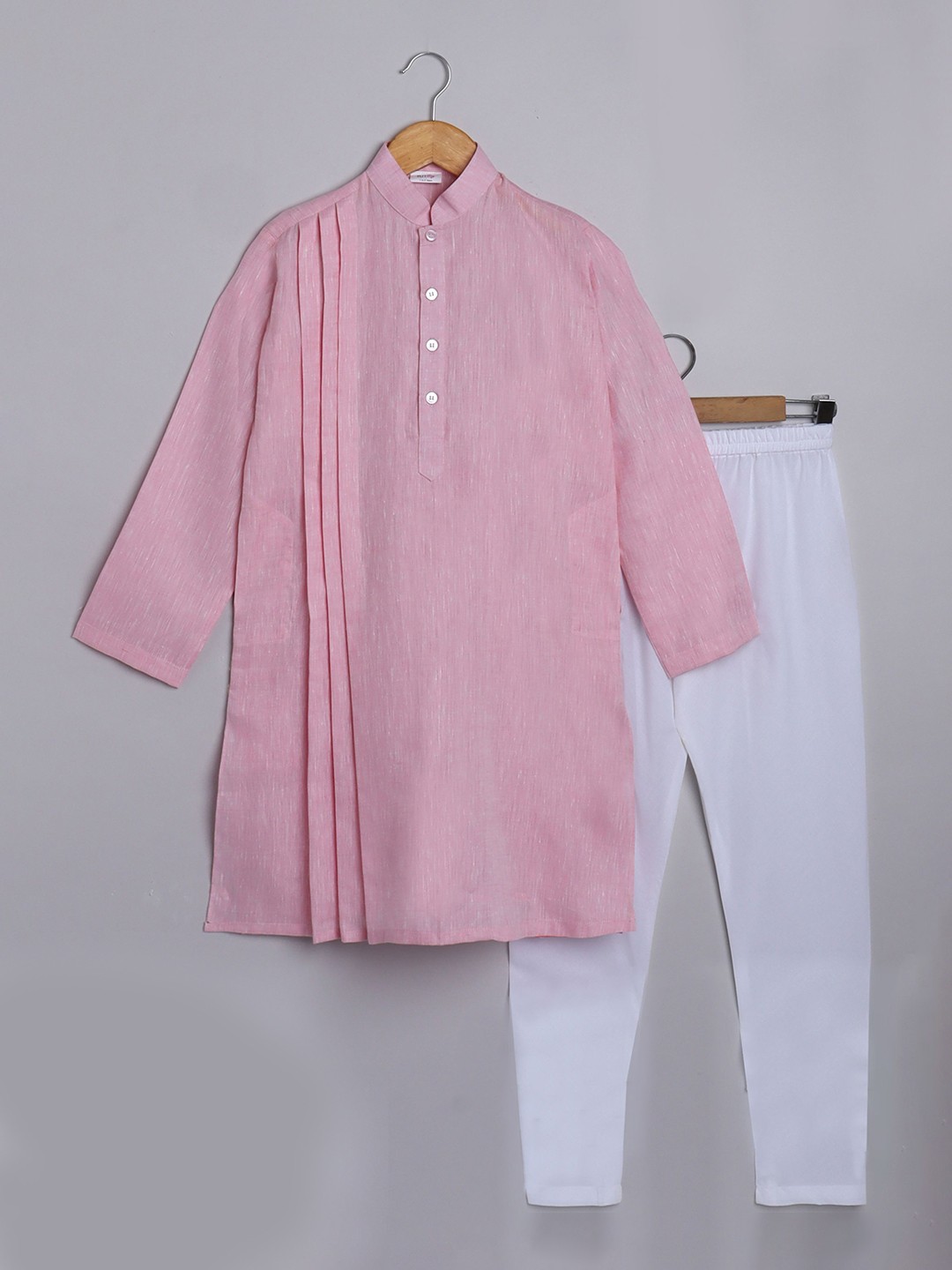 

Little Clothings Boys Linen Band Collar Straight Kurta With Churidar, Pink