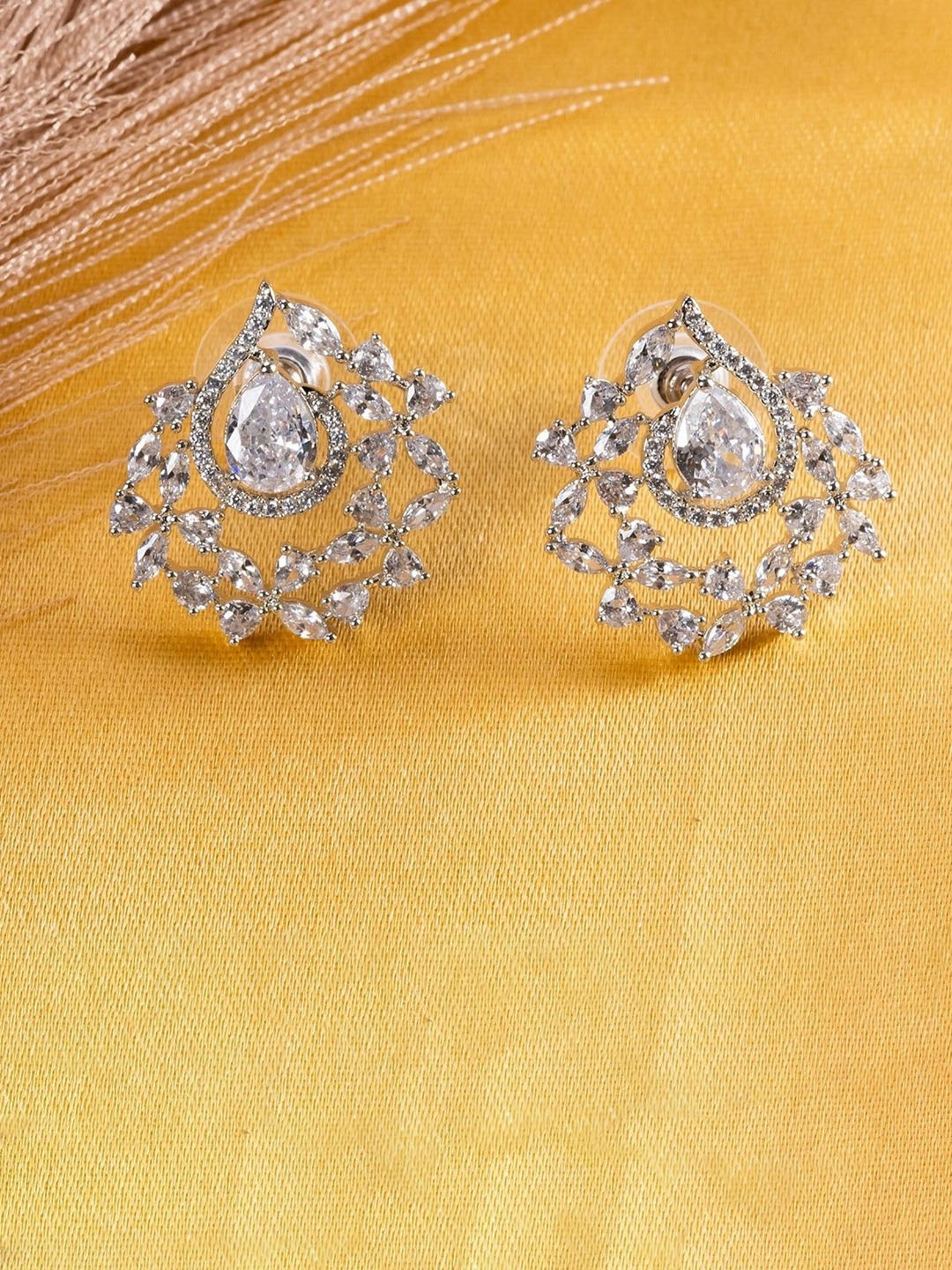

PUTSTYLE Silver-Plated Flower Loop American Diamond Studded Studs Earrings