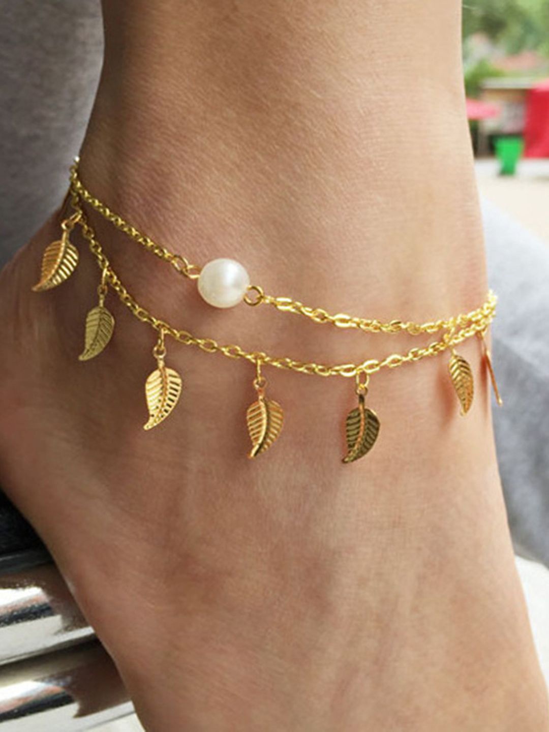 

Krelin Gold-Plated Leaf Pearls Multi Layer Anklet