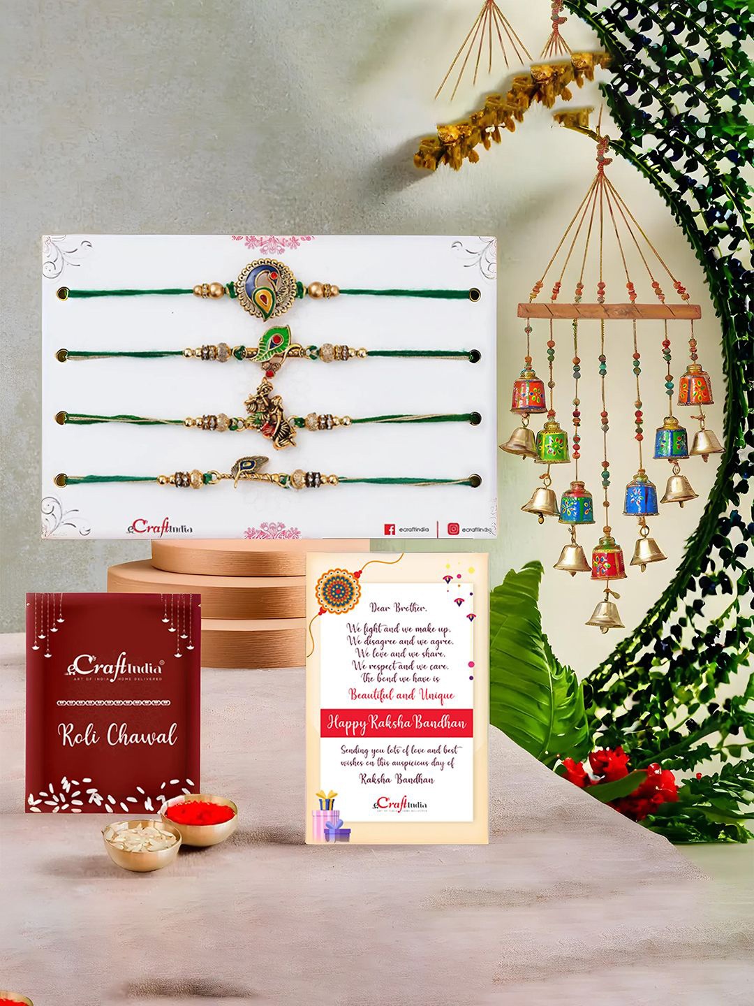 

eCraftIndia Set Of 5 Rakhis With Wall Decor & Greeting Card & Roli Chawal, Gold