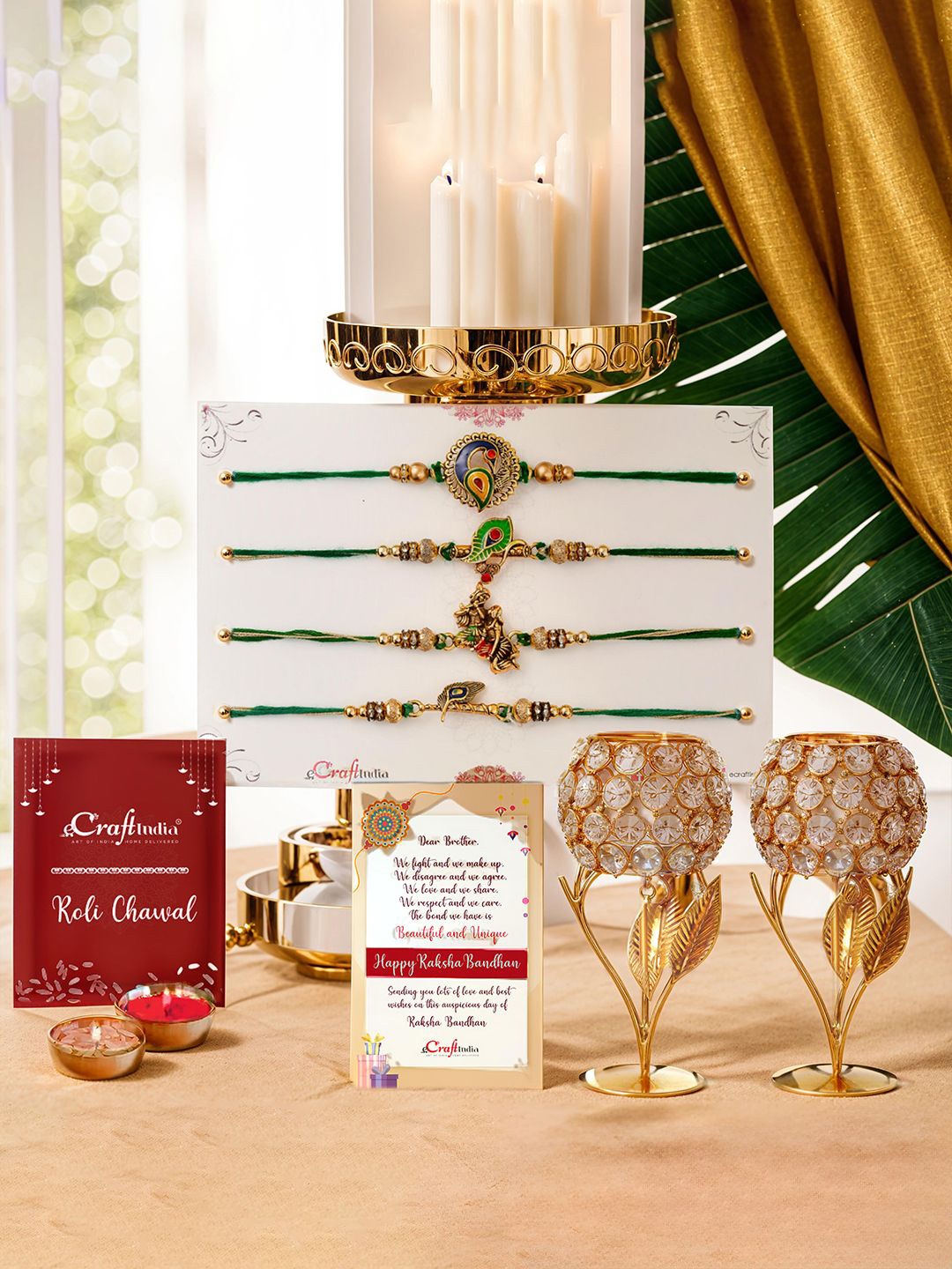 

eCraftIndia Set of 4 Designer Rakhis With 2-pcs Tea Light Holders, Gold