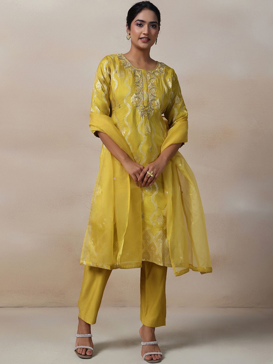 

Rang by Indya Ethnic Motifs Woven Design Beads and Stones Kurta With Trousers & Dupatta, Yellow