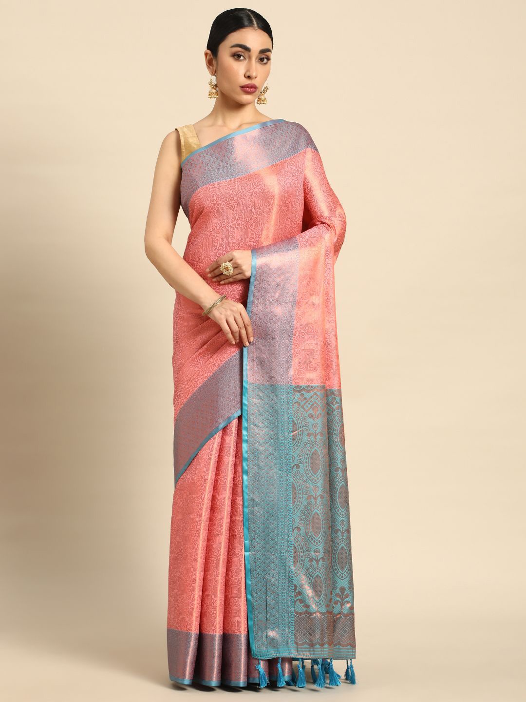 

KIMISHA Woven Design Kanjeevaram Saree with Zari Border, Pink