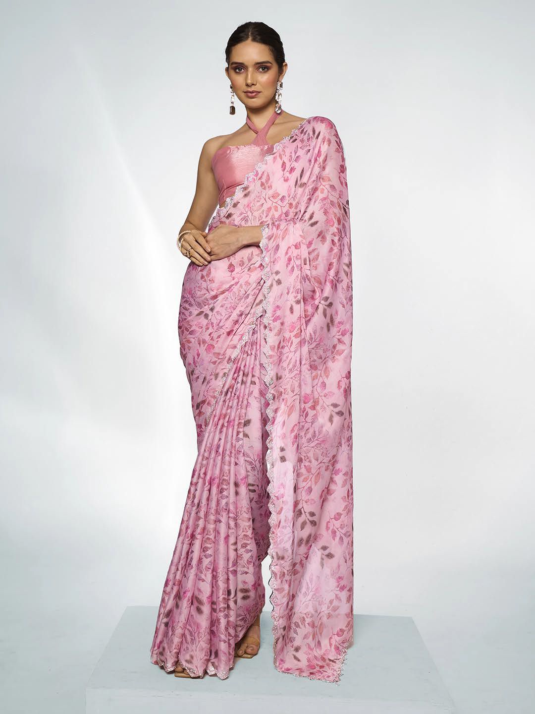 

Mitera Floral Printed Beads and Stones Saree, Pink