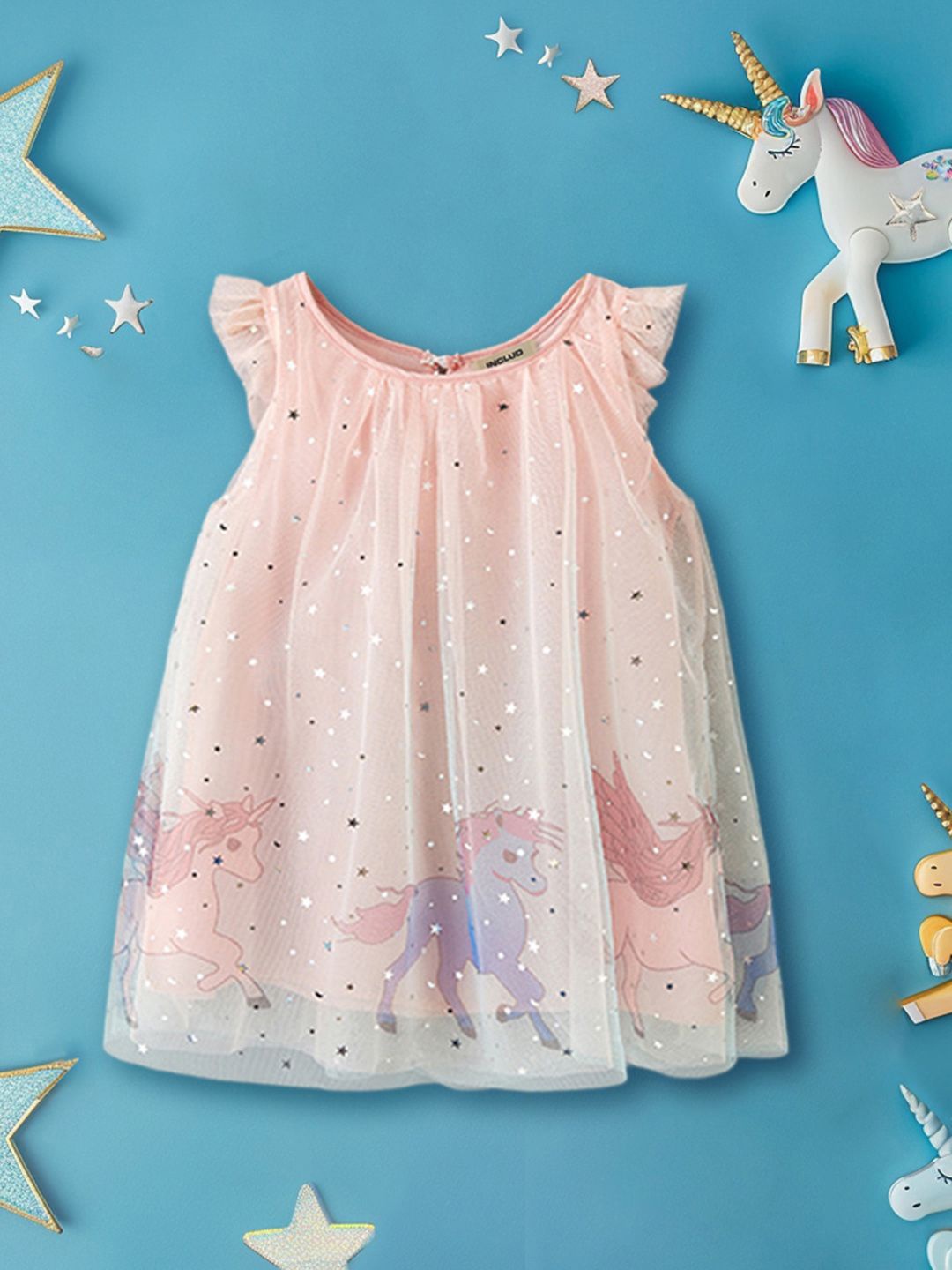 

INCLUD Girls Foil Print Embellished A-Line Dress, Pink