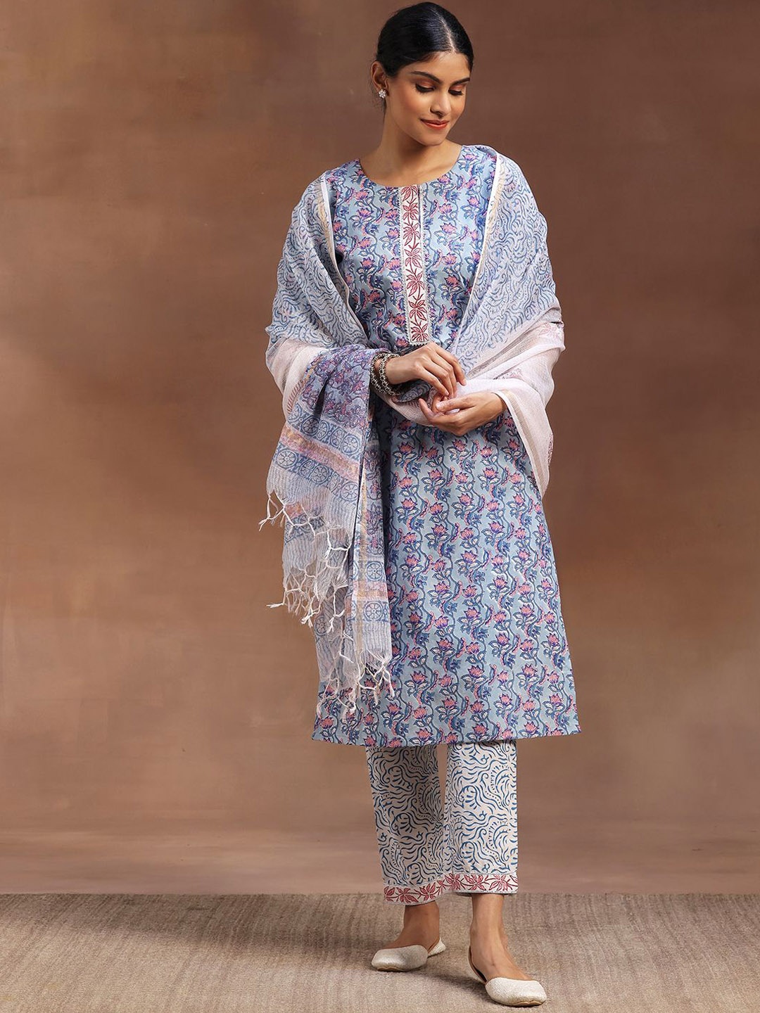 

Libas Floral Printed Gotta Patti Pure Cotton Straight Kurta with Trousers & Dupatta, Blue